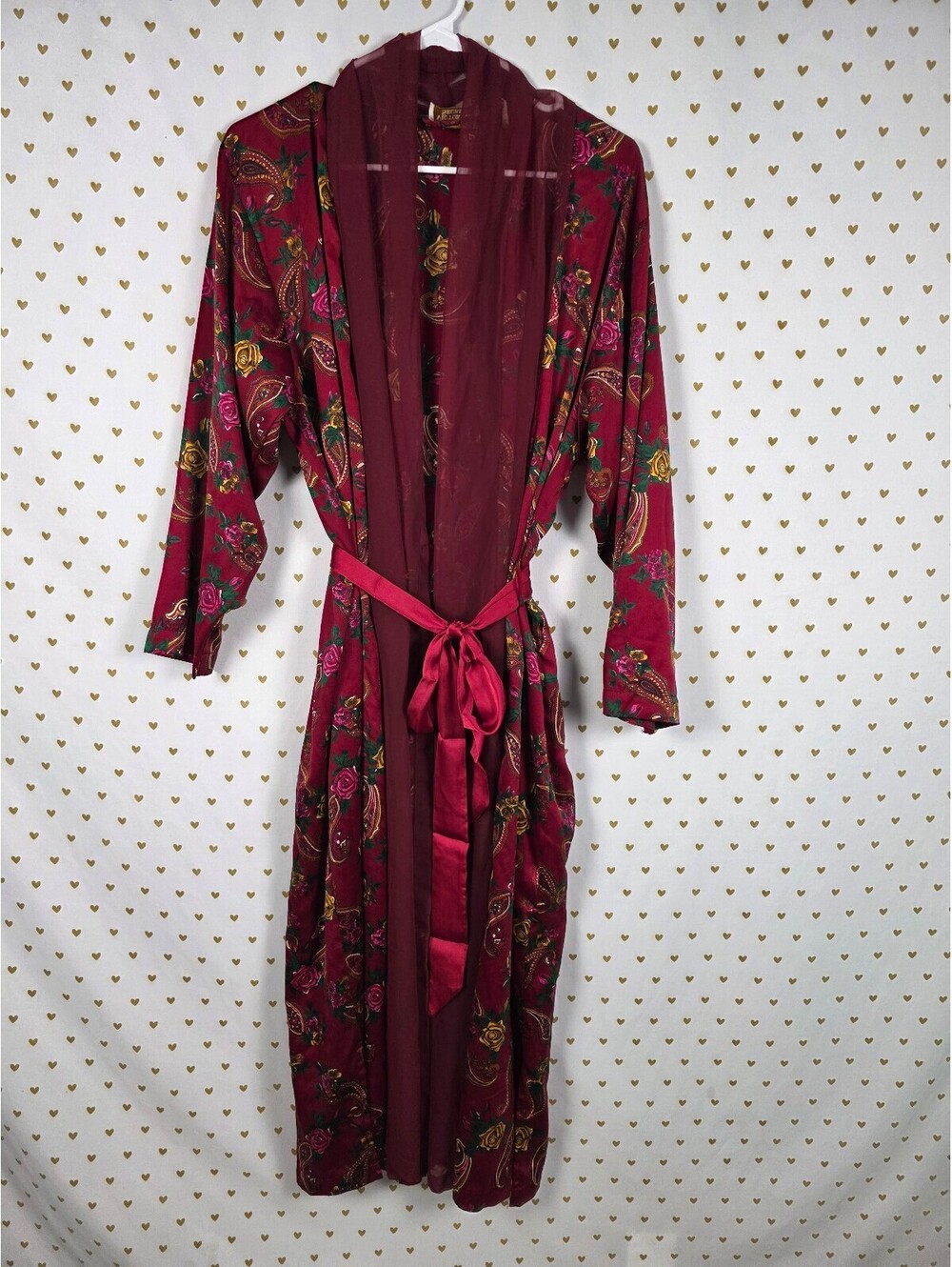 Vintage Victoria's Secret Gold Label Robe S Burgundy Floral Paisley Sheer Long